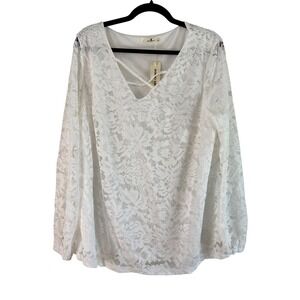 Agnes Orinda Lace Blouse Criss Cross V Neck Long Sleeve‎ Top White 2X